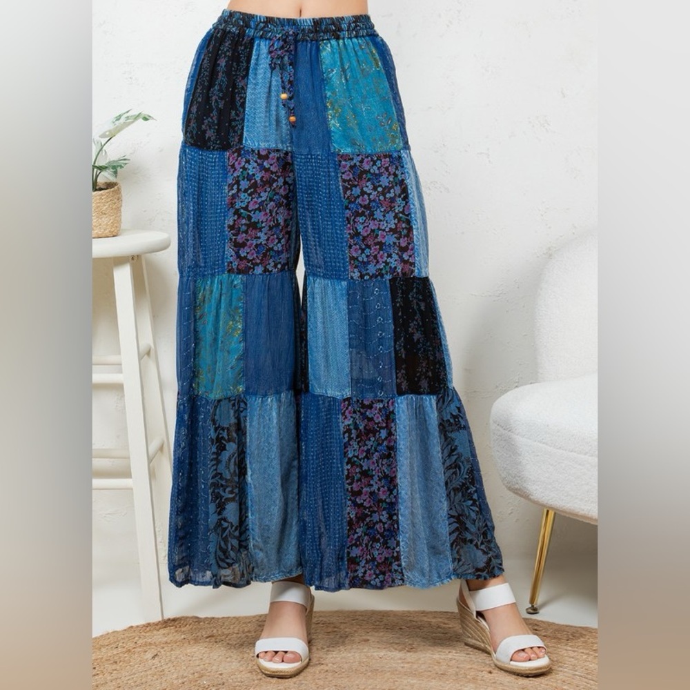 Patchwork Boho Pants - Blue Sz Small - image 2